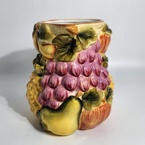 Vintage Ceramic Pitcher With Embossed Fruits Grapes Pineapple Apple Design - Picture 4 of 12